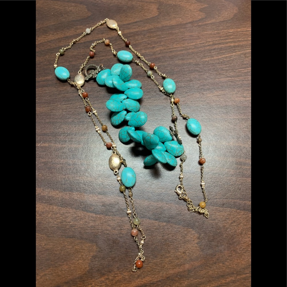 Simulated turquoise bracelet & gold tone necklace